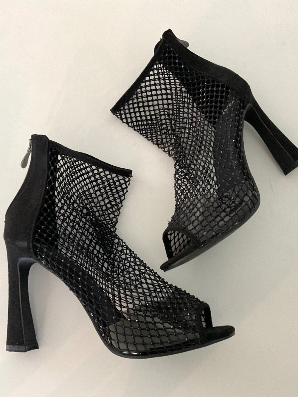 BISOU BISOU Brianna Black Net Rhinestone Flared Heeled Booties Size 8.5